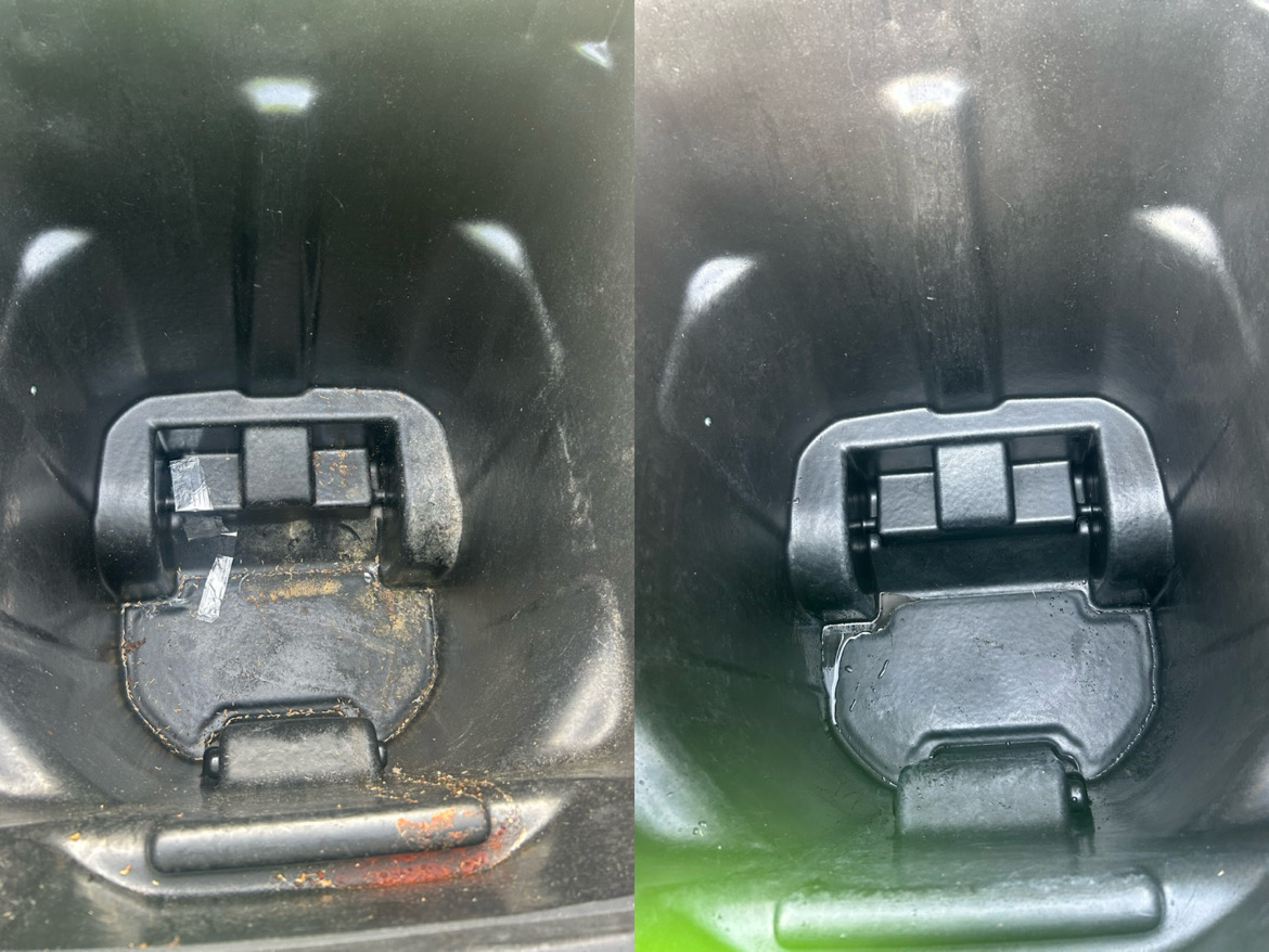 Before and after cleaning of a trash bin hinge — rust and residue gone