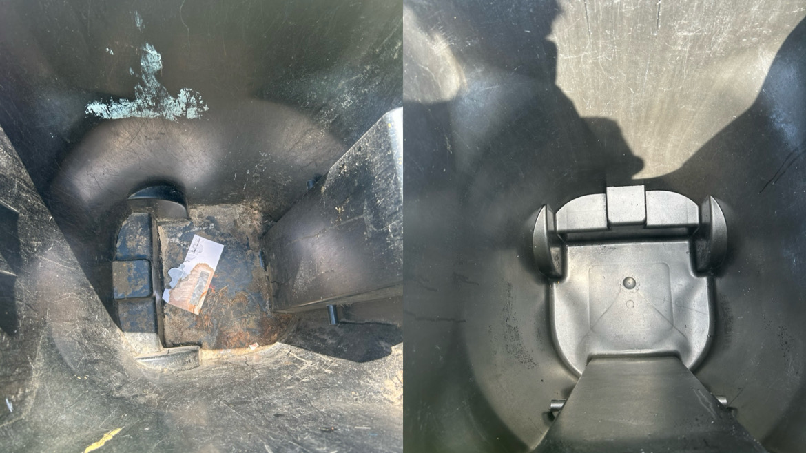 Before and after cleaning inside the bottom of a trash bin