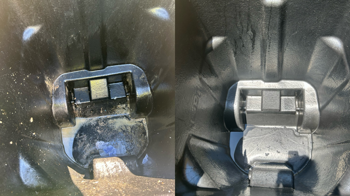 Before and after cleaning of a trash bin lid latch — grime removed