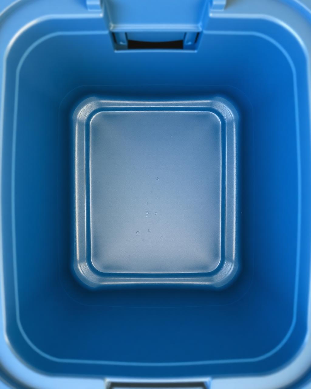 Inside of a sanitized blue bin with water droplets