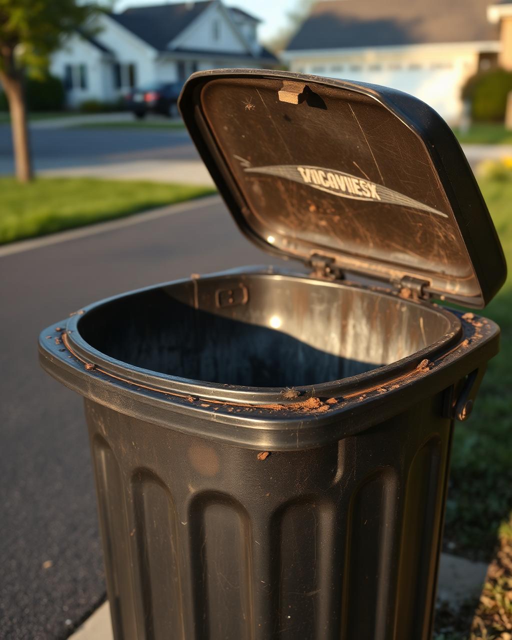 Dirty black trash bin at the curb before cleaning