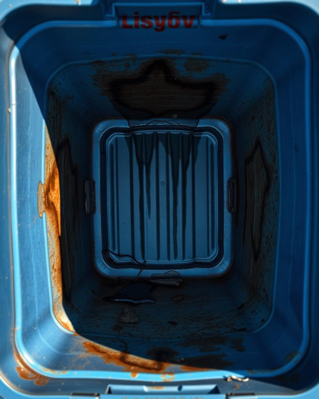 Inside of a dirty blue bin with stains and residue