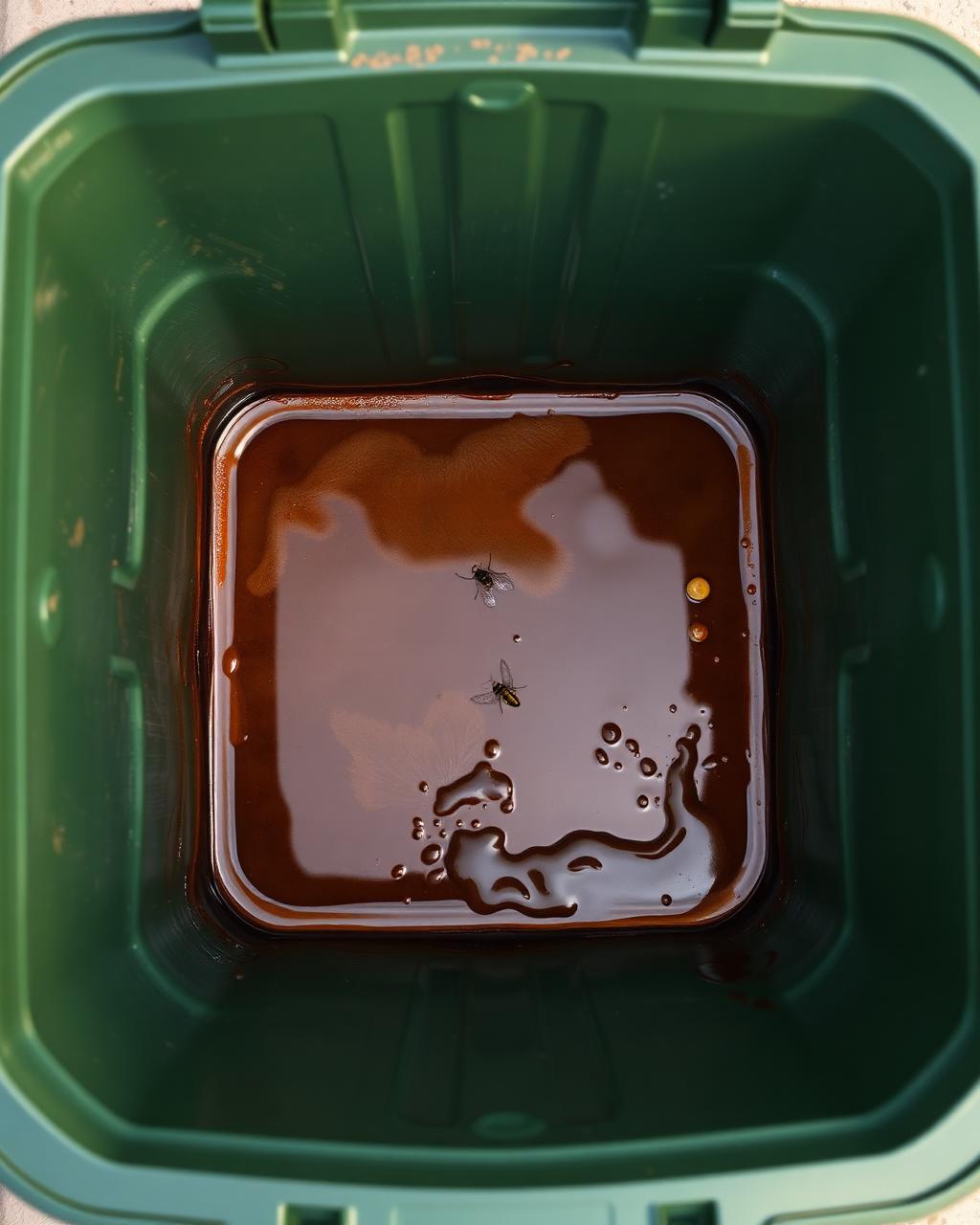 Inside of a dirty green bin with grime and flies